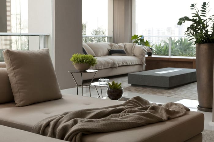 Ambiente com sofá, vasos de planta, mesas de centro.