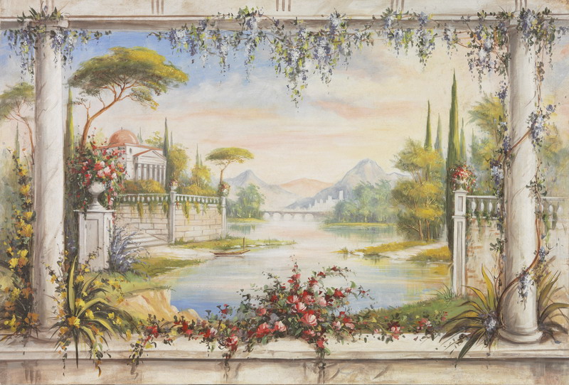Pintura de paisagem com rio, pontes, árvores e plantas. Trompe l’oeil