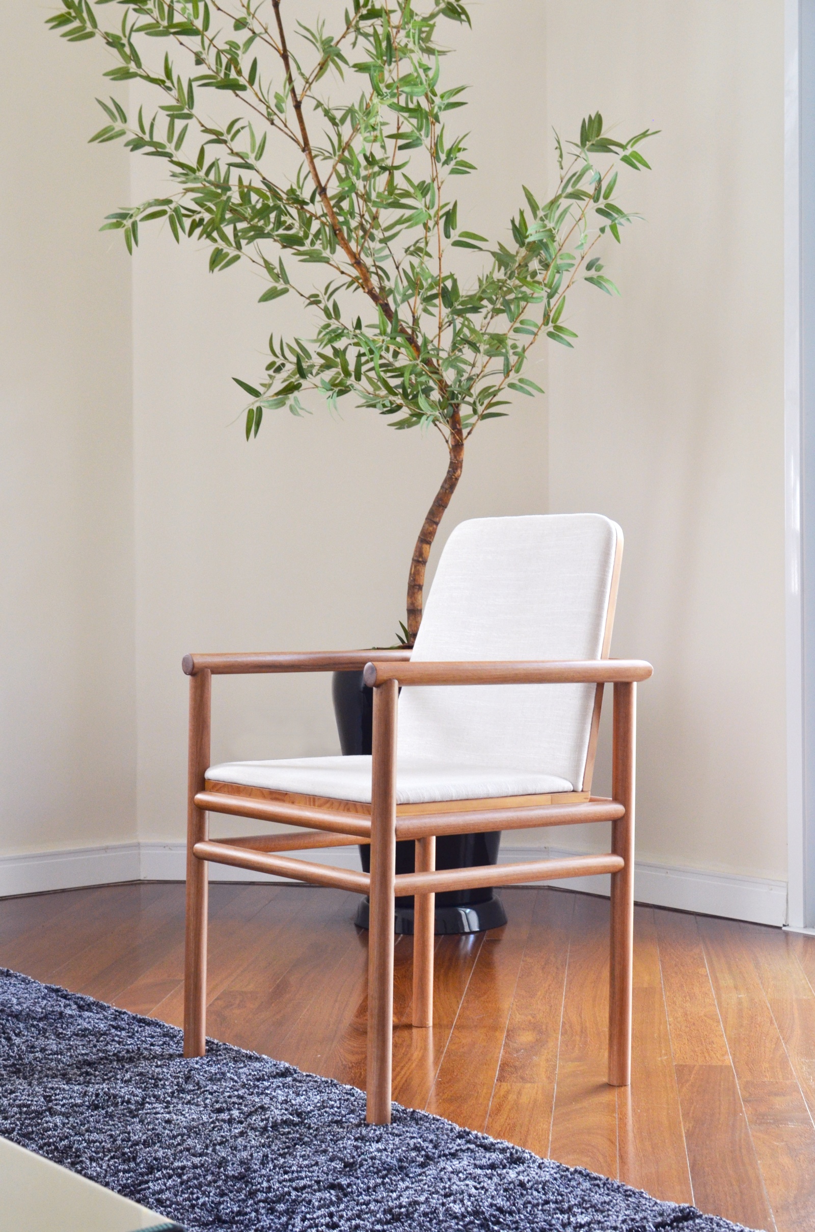 Cadeira bali, madeira com estofado branco, ambiente com piso de madeira e planta.