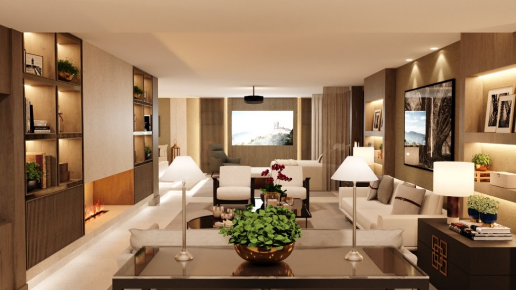Sala com sofás brancos, almofadas e poltronas, armários de madeira  e quadros decorativos.