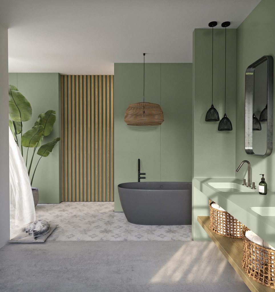 Banheiro moderno com paredes verdes, piso cinza claro, banheira cinza, superfície da bancada Posidonia Green
