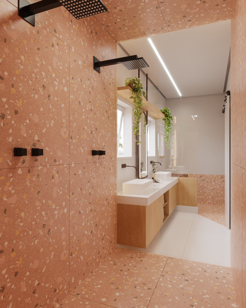 Banheiro todo revestido de porcelanatos imitando granilite rosa