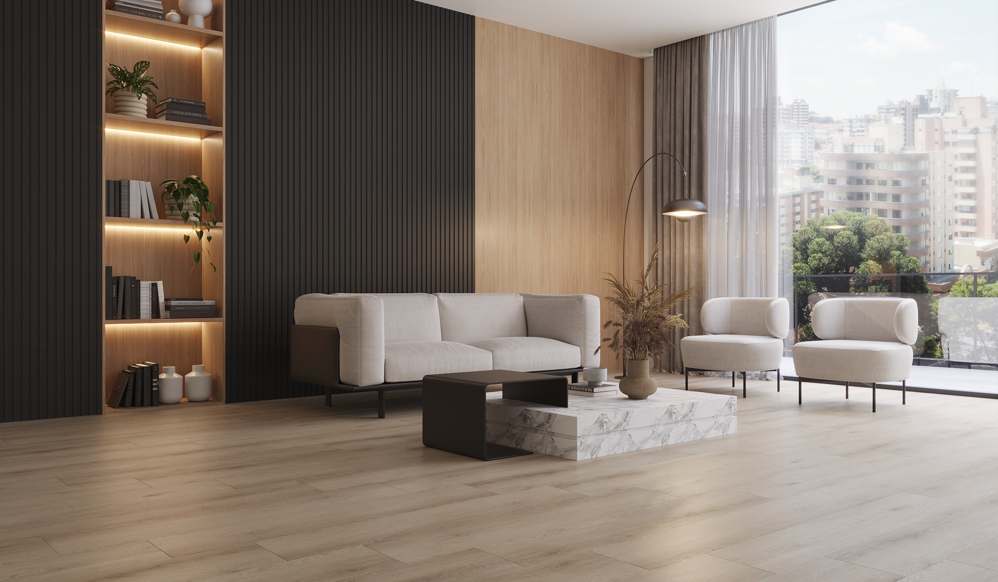 Sala de estar com painel ripados